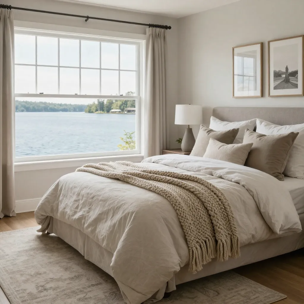 Lakehouse bedroom with neutral bedding and one throw